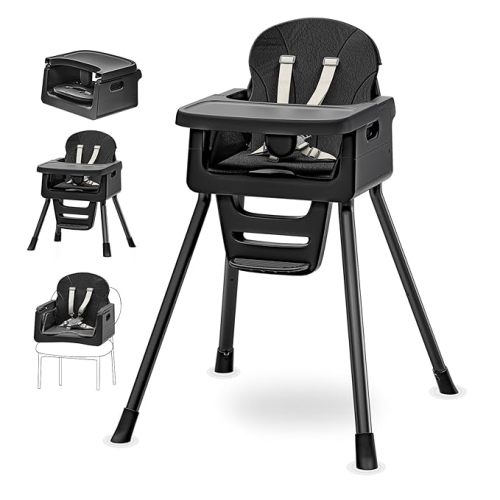 Portable High Chair, Convertible Baby Feeding Chair with Tray, Easy Clean High Chair for Toddler with Foot Rest, Infant Highchairs & Booster Seats with Cushion Black