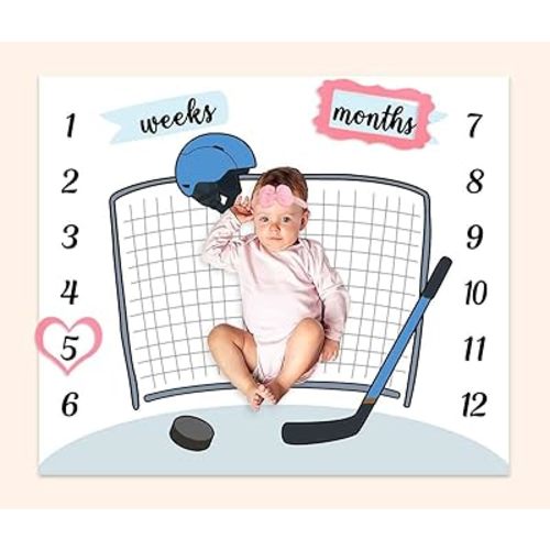 Baby Age Milestone Blanket, Hockey Goal Helmet Stick Blanket for Nursery, Baby 1-12 Months Growth Chart, Includes 4 Frame and 1 Headband 47"x40" BTLSPH300