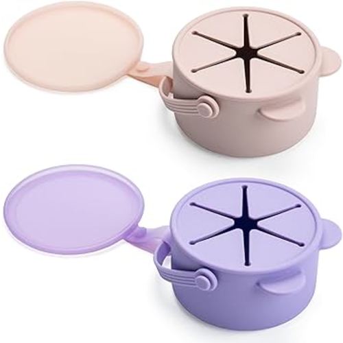 Silicone No Spill Snack Cups for Toddlers – Portable Baby Snack Cup Containers with Dustproof Lid – Dishwasher-Friendly Toddler Spill Proof Cups Without BPA, Lead, or Phthalates – Pink and Lilac