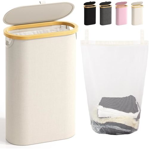 Bathola Slim Laundry Hamper with Lid, 60L Small Laundry Basket, Beige
