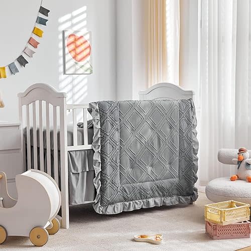 Mini Crib Bedding Set 3 Pieces Baby Boho Quilted Tufted Ruffles Comforter with Fitted Sheet and Ruffled Bed Skirt - Cute Shabby Baby Bedding Fits Mini Crib Only Gray