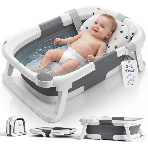DEANIC Baby Bathtub for Newborns & Infants (0–12 Months), Foldable Baby Bath Tub for Easy Storage, Soft Support Cushion for First Baths, Portable for Indoor & Travel Use (Grey)