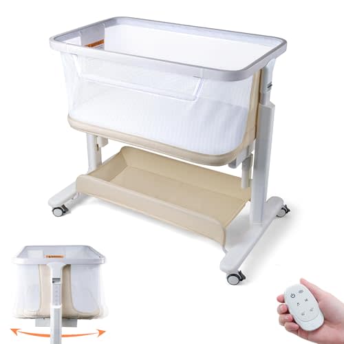 VaVaSoo All Mesh Rocking Bassinet, Electric Bassinet for Baby, Beige | 3 Rocking Speeds, 8 Tunes, Remote Control,Idea for 0-6 months(20lb),5 Adjustable Heights, 360° Swivel Wheels,Storage Basket