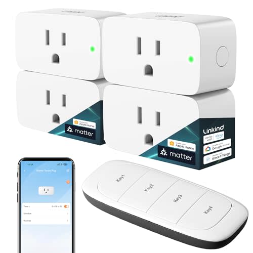 Linkind Matter Smart Plug with Remote, Work with Apple Home, Siri, Alexa, Google Home, SmartThings, Smart Outlet 15A/1800W Max, Smart Automation, Remote Control,Timer&Schedule, 2.4G Wi-Fi, 4 Pack