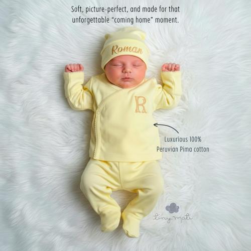 Personalized Yellow Baby Coming Home Outfit | 3-Piece Newborn Set, Peruvian Cotton, Embroidered Name/Monogram | Baby shower gift