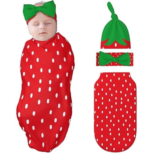 Strawberry Swaddle Blankets Newborn Receiving Blanket Baby Swaddle Wrap with Headband Hat Set for Baby Girls Boys