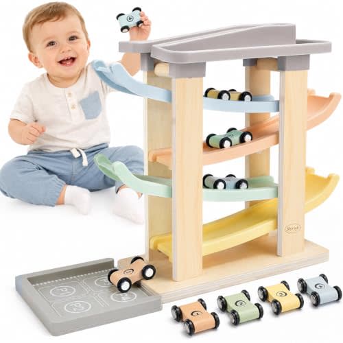 Joyreal Montessori Toddler Toys for 1+ Year Old Boys Girls Wooden Car Ramp | 4 Level Race Track, 4 Mini Cars & 2 Garages, Educational Toy Vehicle for Ages 1-2, Christmas/First Birthday Gift, Soft Color