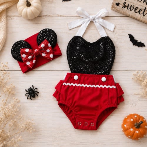 Halloween Baby Romper | Mouse-Inspired Baby Girl Outfit | Black & Red Sequin Romper | First Halloween Costume | Baby Halloween Outfit | Phot
