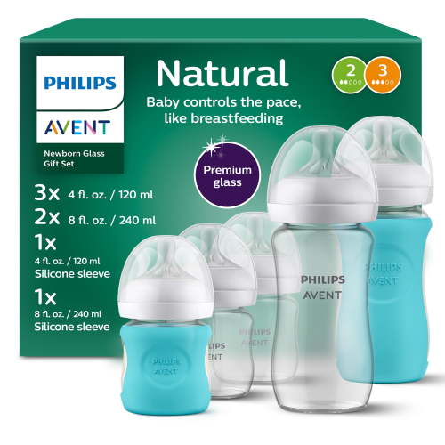 Philips Avent Natural Newborn Glass Gift Set, 3X 4oz & 2X 8oz Baby Bottles, 2X Silicone Sleeves