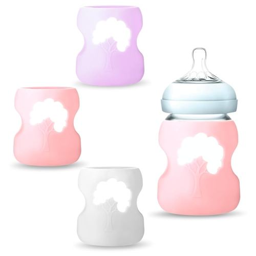 3 Pack Silicone Sleeve for Dr. Brown Natural Glass Baby Bottles, Anti-Shatter Baby Bottle Holder, Compatible with Dr. Brown Wide-Neck Glass Baby Bottles 5 oz, Dishwasher Safe(White+Purple+Pink)