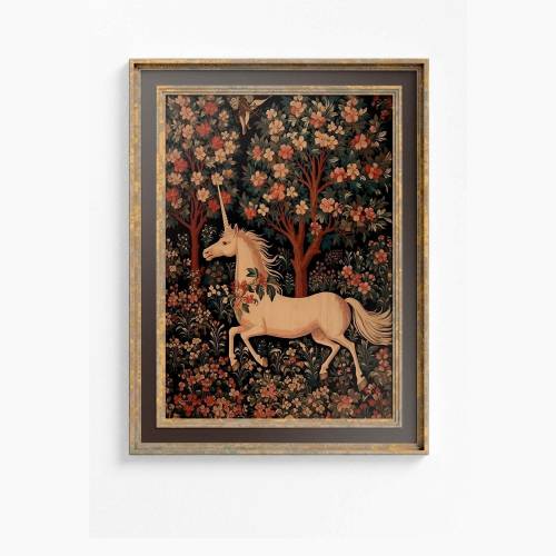 Vintage Unicorn Print - Medieval Unicorn - Beige and Black
