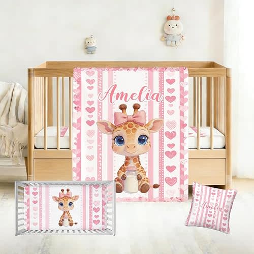 Personalized Baby Girl Crib Bedding Set with Name, Giraffe Nursery Bedding, 3 Piece Set with Flannel Blanket, Fitted Crib Sheet and Pillowcase for Newborns and Toddlers