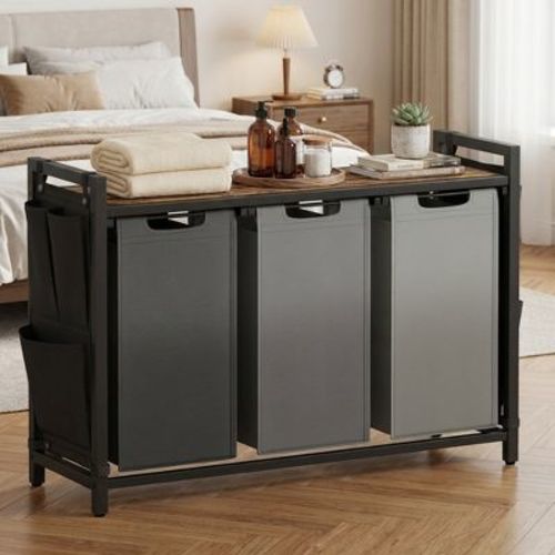 LEDREM 3-Section Clothes Sorter with Removable Liner Bags, Laundry Hamper, Steel Shelf for Bedroom, Black and Tan