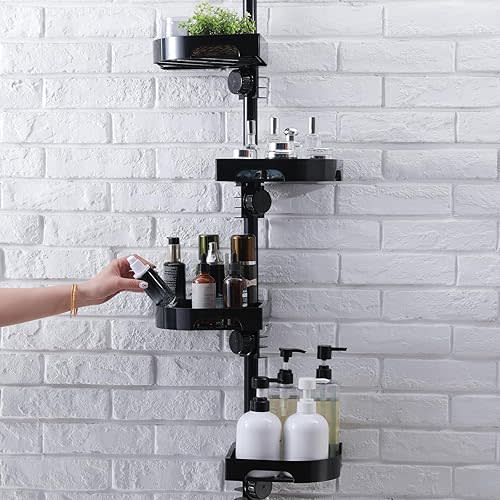 4-Tier Corner Shower Caddy Tension Pole Organizer - Adjustable Rustproof Metal Tension Pole, Plastic Shelves with Safety Guardrail, Bathroom Storage for Shower & Bathtub(White)