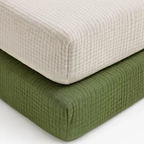 Muslin Fitted Crib Sheets for Girls & Boys-2 Pack 28"x 52" Soft Baby Mattress Sheet-No Slip Boho Neutral Breathable Toddler Cotton Bedding Olive Green & Beige