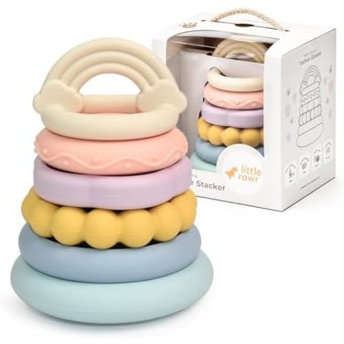 2-in-1 Silicone Baby Stacking Rings and Teething Toy, Rainbow