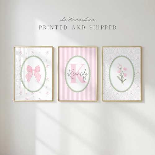 Personalized Baby Girl Nursery Wall Art Set of 3, Custom Name Nursery Prints, Pink Floral Nursery Decor, Coquette Nursery Art