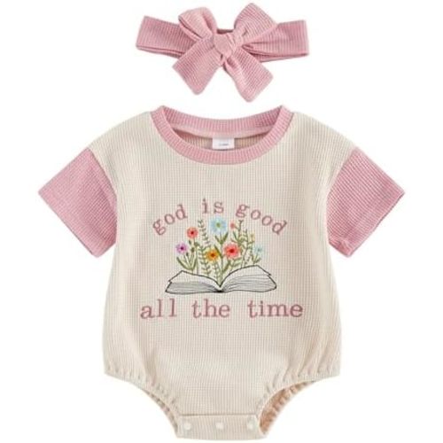 Christian Baby Girl Clothes God is Good Flower Embroidery Short Sleeve Bubble Romper Waffle Knit Church Outfits