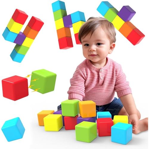 Magnetic Building Blocks Large, 1.65 inch Magnetic Stacking Cubes for Toddlers, Sensory & Montessori Toys for Boys & Girls 1 2 3 Years Old (12 PCS)