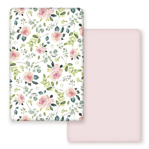 GRSSDER Stretchy Ultra Soft Jersey Knit Fitted Pack n Play Sheets Set 2 Pack, Portable/Mini Crib Sheets, Snug and Safe Playards Sheet for Baby, Pink Rose Stylish Print