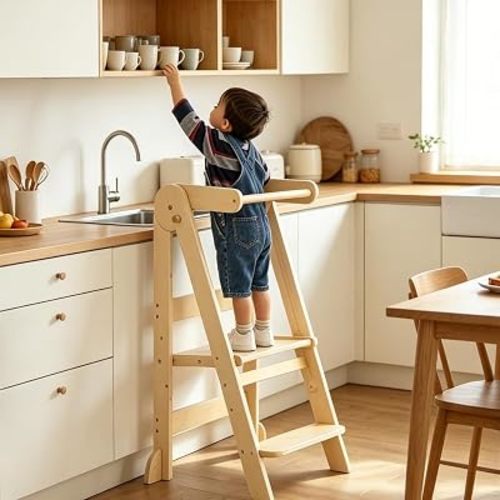 Wooden Foldable Kitchen Step Tower for Kids 12 Months-6 Years