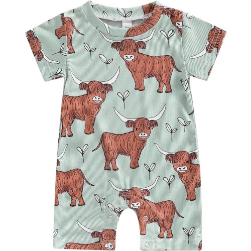 Gueuusu Country Baby Clothes Boy Girl Western Cow Print Short Sleeve Romper Bodysuit Ribbed One Piece Jumpsuit Summer Outfit