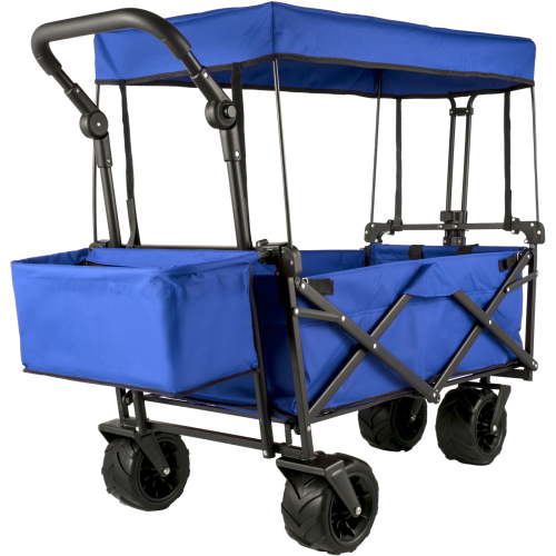 KFFKFF Collapsible Wagon Cart with Removable Canopy, Portable Folding Utility Garden Cart 600D Oxford Cloth Foldable Beach Wagon Cart w/ Oversized Wheels, Adjustable Handles, Rear Storage (Blue)