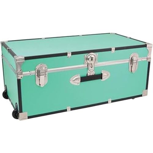 Rustic Romance Heavy Duty 30" Under Bed College Storage Trunk with Lock, Latch Closure Type, 15.75" D x 30" W x 12.25" H, Ideal Camp Dorm Room Trunk Footlocker Teal