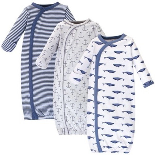 Touched by Nature Baby Boy Organic Cotton Side-Closure Snap Long-Sleeve Gowns 3pk, Blue Whale, Preemie
