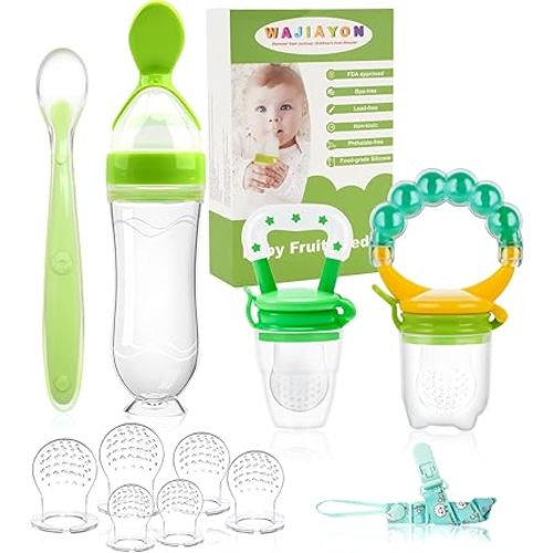 WAJIAYON Baby Fruit Feeder Pacifier - 12 Pack | 2 Infant Food Feeder Pacifier & 1 Babies Food Dispensing Spoon | Fresh Fruit Teethers for Babies | Silicone Feeder Baby,Infant Teething Feeders(Green)