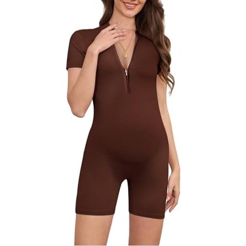 Women's Maternity Romper Zip Up Short Sleeve Pregnancy Workout Jumpsuit Bodysuit Shapewear