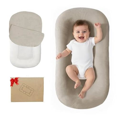 Baby Lounger, Bionic Design Baby Lounger for Newborn 0-24 Months, Soft Organic Cotton Breathable Lounger for Infants (Cream Gray)