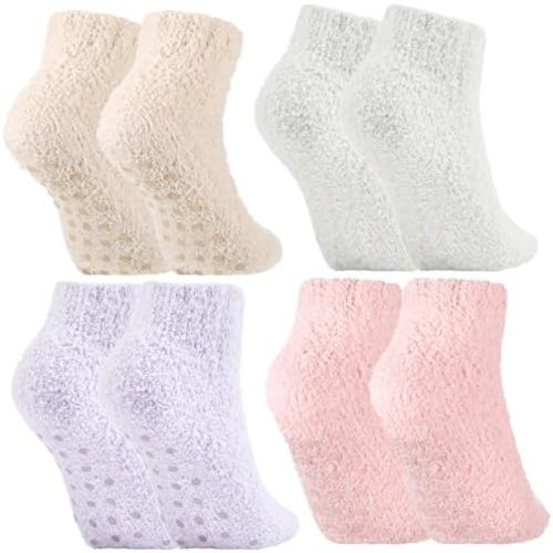 Foaincore 4 Pack Non Slip Hospital Socks for Women Men Non Slip Ankle Fuzzy Socks Thick Warm Festival Gifts