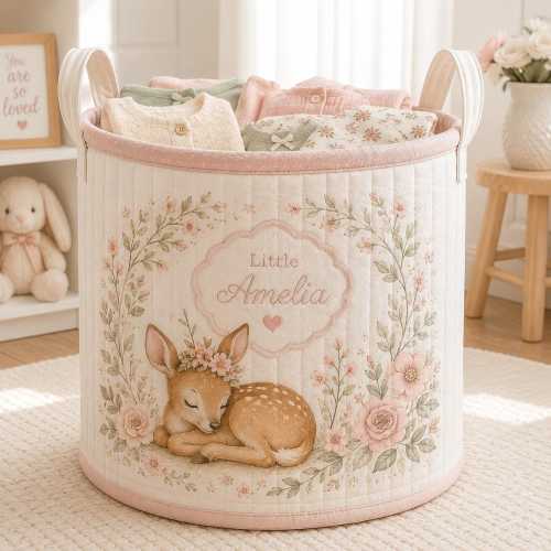 Personalized Quilt Laundry Basket for Baby Girl Nursery, Custom Name Clothes Hamper, Deer Floral Storage Basket, Kids Room Decor