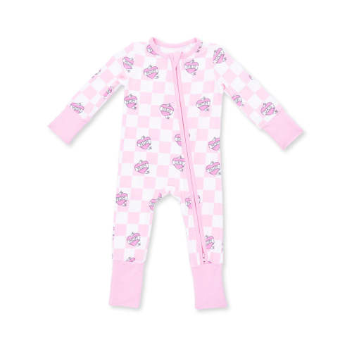 2-Way Zip Romper, Heart Tattoo Check Pink