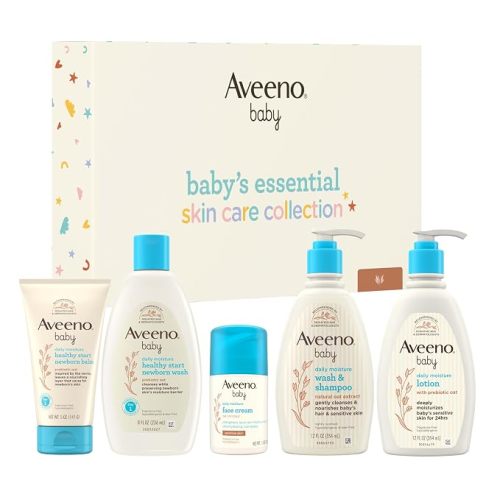 Aveeno Baby Essential Skincare Gift Set, 5-Piece Collection with Wash and Shampoo, Daily Moisture Body Lotion, Face Moisturizer & Newborn Wash and Baby Balm, Gentle Daily Care for Sensitive Skin