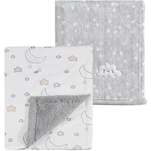 CREVENT 2Pcs 30''X40'' Cute Cozy Fluffy Warm Baby Blankets for Infants Toddlers' Bedding Crib Cot Stroller - Grey Cloud + Minky Night