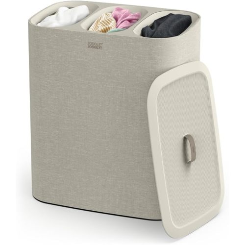 Joseph Joseph Tota Trio 90 liter/23.8 gallon Laundry Hamper Separation Basket with lid, 3 Removable Washing Bags with Handles- Ecru