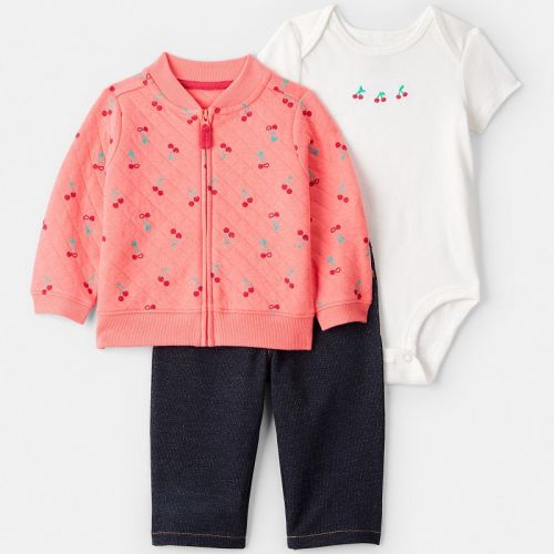 Baby Girl Carter's 3-pc. Cherry Quilted Cardigan, Bodysuit & Pant Set