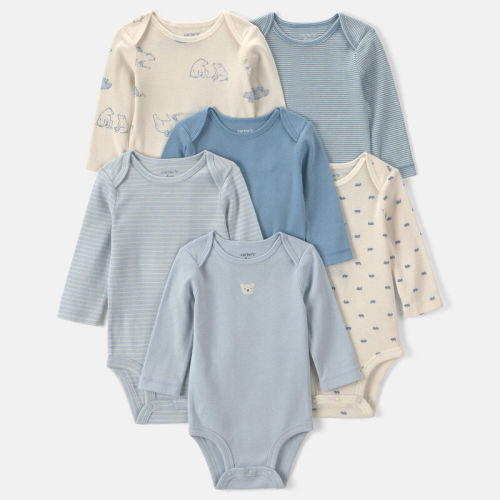 Baby Boy 6-Pack Bear Long-Sleeve Bodysuits - Blue/White | Carter’s Oshkosh Canada