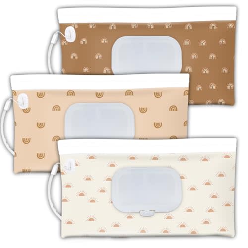 3pack baby wipes dispenser， wipe container for travel，cute style Reusable Portable Wipe Holder，Refillable Wet Wipe Pouch(boho rainbow sun style)