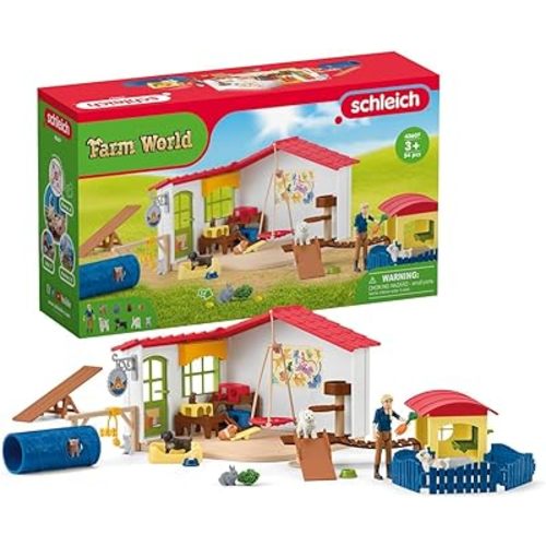 Schleich Farm World - 54 PC Baby Animal Hotel Playset with Cute Pets, Caretaker and Movable Accessories - Realistic Dog and Cat Animal Figurines - Fun Educational Toys for Kids and Toddlers Ages 3+