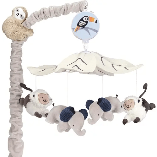 Lambs & Ivy Jungle Party Gray Animals Musical Baby Crib Mobile Soother Toy