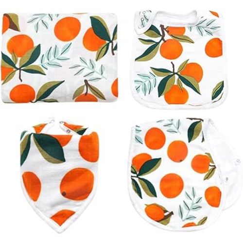 4pc Clementine Muslin Swaddle Blanket, Bibs and Burp Cloth Set for Baby Boys and Baby Girls - Soft, Beathable, and Multi-Purpose Receiving Blanket.