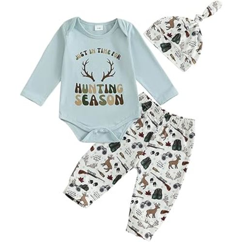 Seyurigaoka Newborn Baby Boy Hunting Outfit Deer Mallard Duck Romper Camo Pants Set Hat 3 Piece Fall Winter Farm Clothes