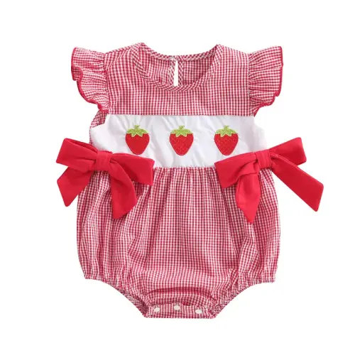 Baby Girl Outfit Infant Plaid Bubble Romper Strawberry - TikTok Shop