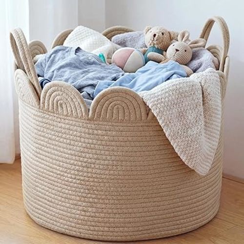 LemonRoad Brown Variegated Round Tall Basket Large Blanket Basket 13"L X 13"W X 19.7"H Scalloped Woven Baskets Cotton Storage Baskets for Nursery Classroom Closet Blankets Storage Home Decor