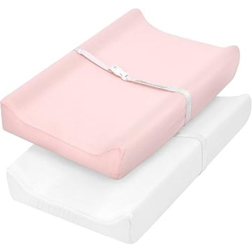 TILLYOU Changing Pad Cover Set in Soft Jersey Material - Fits 32"/34''x16 Contoured Pad for Babies,Peachy Pink & White