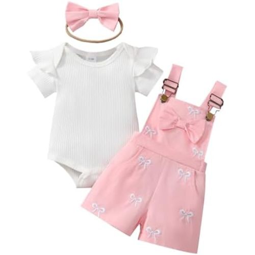 Newborn Baby Girl Clothes Summer Outfit Short Sleeve Ribbed Romper Suspender Overalls Shorts Set