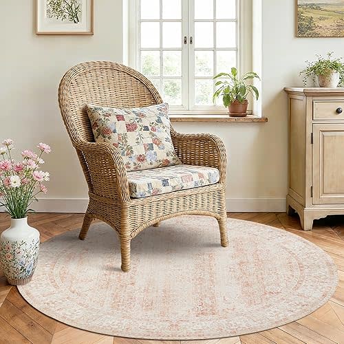 Round Rug 4x4 Feet 4ft Washable Area Rug Boho Farmhouse Vintage Indoor Floor Cover,Floral Print Blush Pink Circle 4' Round Kitchen Living Room Bedroom Dining Room